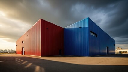 Fototapeta premium Modern industrial building with vibrant red and blue corrugated walls.