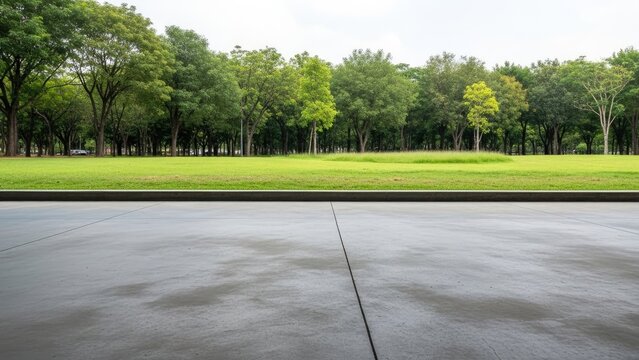 Empty concrete ground in front of lush green park.
