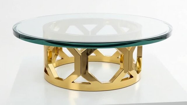 A modern round coffee table with a glass top and a polished gold metal base