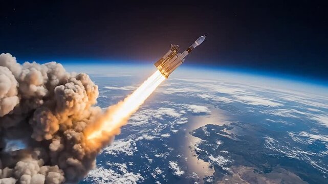 A powerful rocket launches into the atmosphere above the planet earth