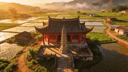 Naklejka premium aerial view of a small buddhist temple in the middle of the chinese farmlands