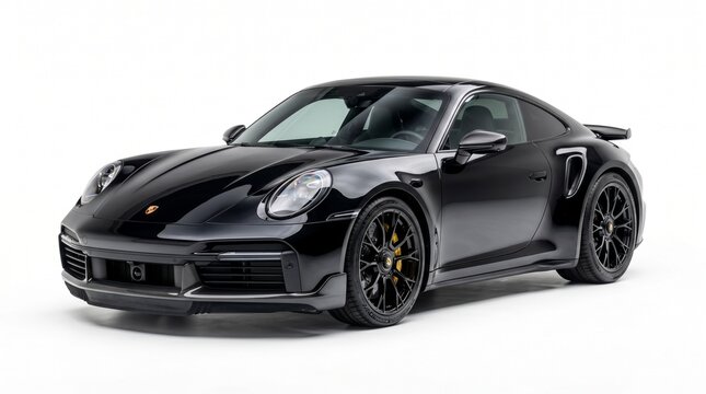 Sleek Black Sports Car Front Side View Isolated on White Background