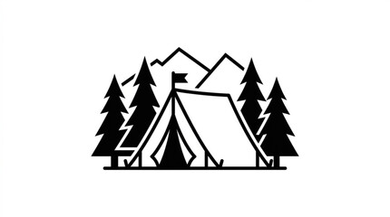 Obraz premium Camping tent icon with trees and mountains in black silhouette on white background for outdoor adventure and travel