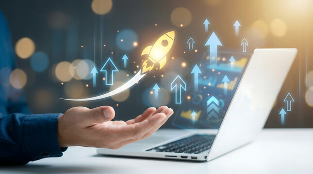 Business Growth Concept: Hand Launching Rocket with Upward Arrows and Laptop