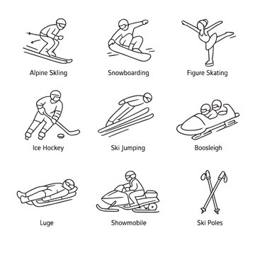 Hand-drawn line icons for winter sports, featuring skiing, snowboarding, skating, hockey, bobsleigh, luge, snowmobiling, and ski poles, are ideal for design projects or sports themes.