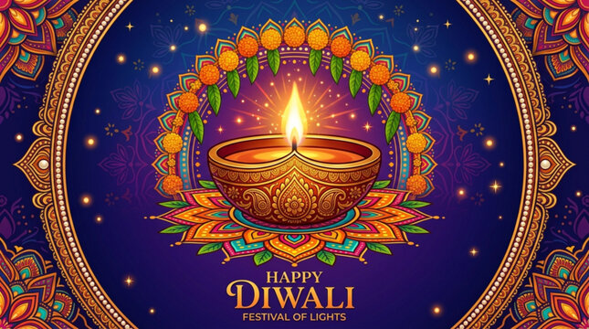 Vibrant diwali festival icon with diya lamp floral patterns and sparkling lights on dark blue background