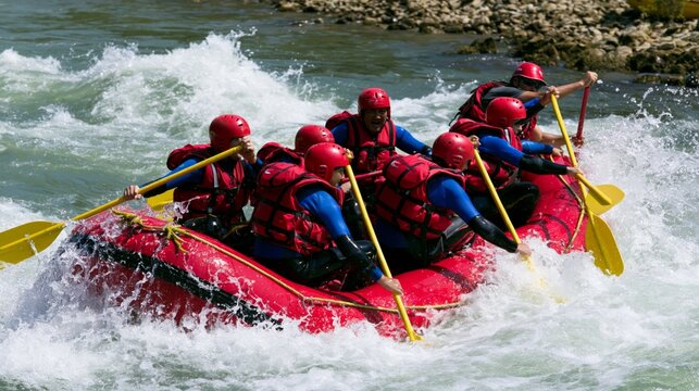 Group of people in a raft navigating whitewater rapids with paddles