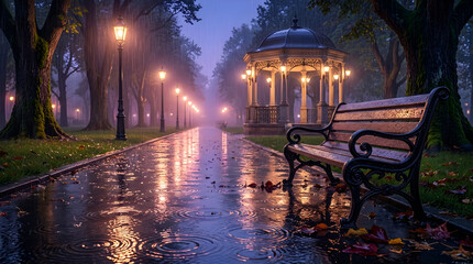 Fototapeta premium An bench sits in a dark winter park at night, surrounded by trees with glowing city street lamps and old urban architecture in the background