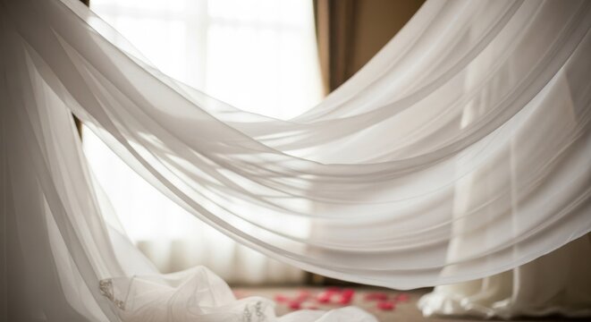 Light and Airy Sheer White Fabric Draping with Subtle Ripples in Soft Room Lighting
