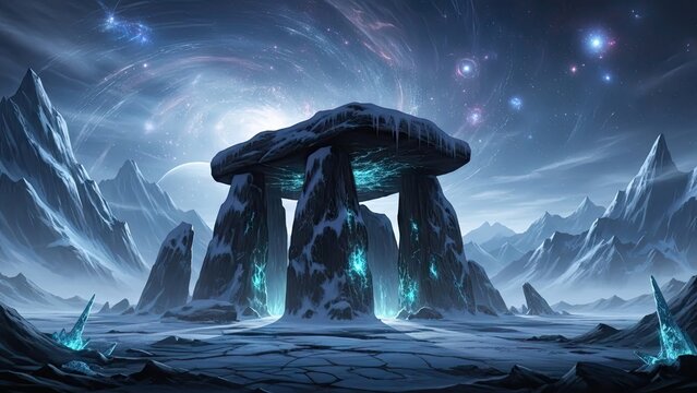 Mystical monoliths glowing in snowy mountain landscape under cosmic sky