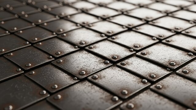 Industrial riveted metal square plates with worn steel texture