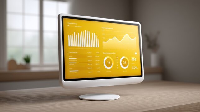 Modern desktop computer displaying vibrant and detailed business analytics and data visualization in a bright office environment with warm lighting