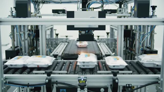 Automated high-speed packaging machine on industrial production line.