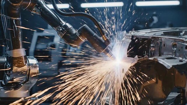 A skilled welder operates a robotic arm for precise metalwork fabrication sparks flying in an industrial setting.