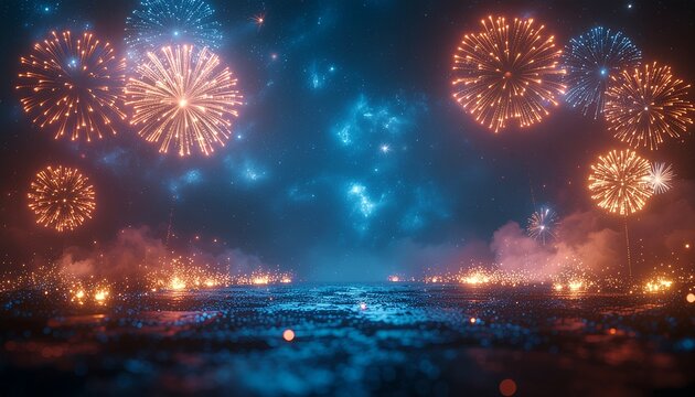 Elegant festive celebration banner featuring vibrant fireworks over a glowing blue reflective surface and starry night sky with copy space