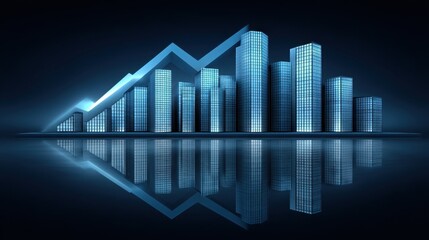 Fototapeta premium Modern Financial skyline with glowing blue buildings and a rising graph representing growth and success in the business world, perfect for finance concepts
