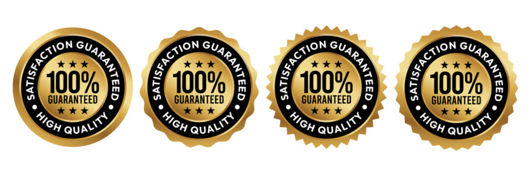 100% Satisfaction Guaranteed logo, label, badge, sticker, symbol, emblem, stamp, gold, circle, line, vector, isolated illustration. Best seller, high quality label for product packaging design.