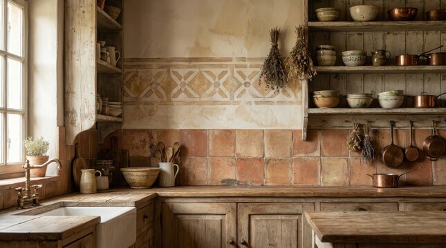Rustic terracotta tile backsplash with a distressed hand-painted stone pattern complementing aged wood cabinets in a charming kitchen interior.