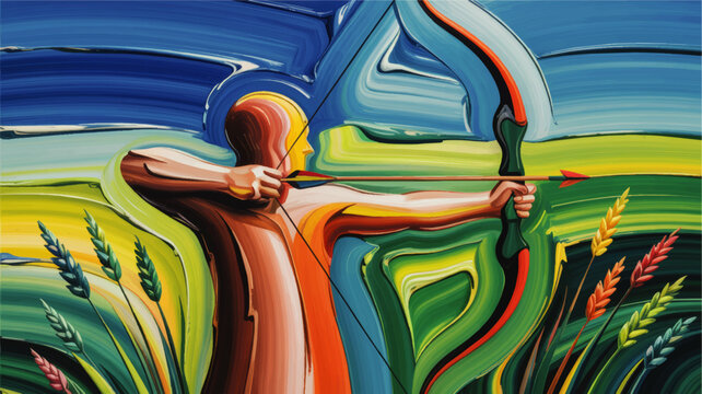 Colorful abstract archer with bow and arrow in vibrant landscape, dynamic brushstroke painting symbolizing focus and target