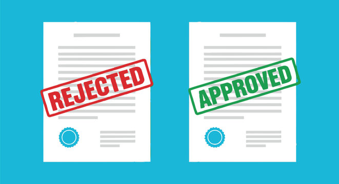 Documents display a red rejected stamp and a green approved stamp on white paper sheets against a bright cyan background for corporate analysis.