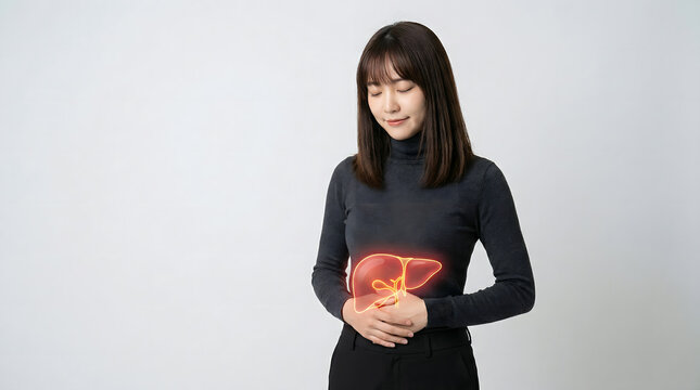 Woman holding abdomen with glowing liver illustration, health concept