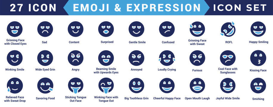 Premium Minimalist Blue and Dark Blue Emoji and Expression Vector Icon Set for Social Media, Customer Feedback, Chat Applications, and Mobile UI/UX Design