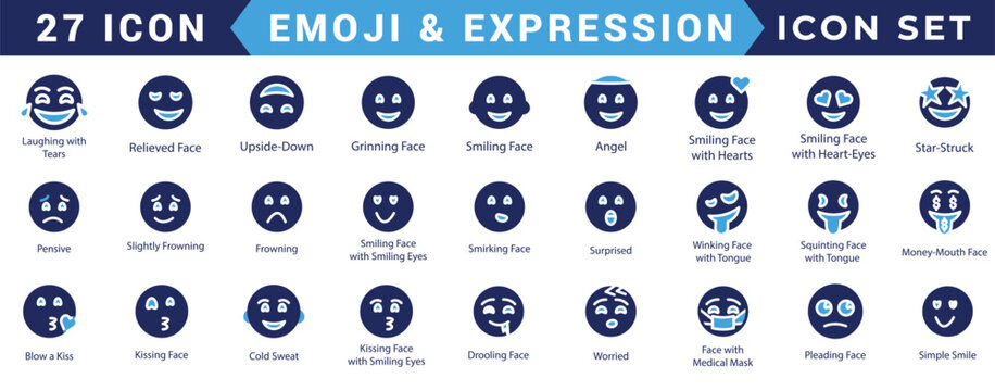 Premium Minimalist Blue and Dark Blue Emoji and Expression Vector Icon Set for Social Media, Customer Feedback, Chat Applications, and Mobile UI/UX Design