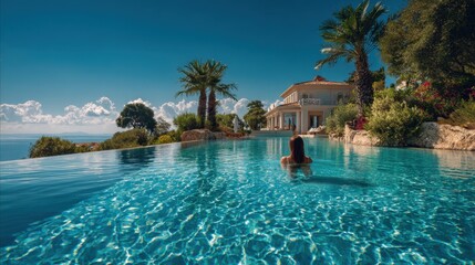 Obraz premium Woman swims in infinity pool with luxury villa, Mediterranean sea, and palm trees.
