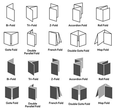 Types of Brochure Folds black line icon set. Types of Brochures Fold paper, Half, Bi-fold, Single, Z Fold, Tri Fold, Double Parallel, Accordion, French, Quarter, gate, roll, map. Vector Illustration.