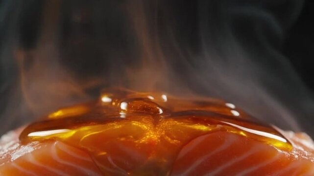 Dynamic shot of a premium salmon fillet being richly glazed with a golden, glistening sauce, enveloped in a captivating mist of aromatic smoke, highlighting gourmet culinary preparation
