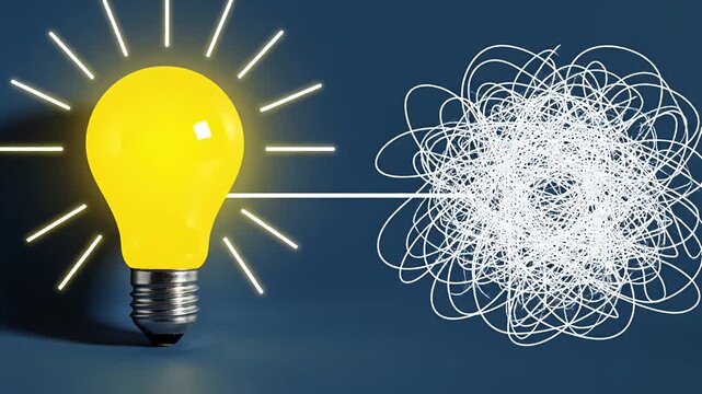 Bright illuminated light bulb with tangled chaotic scribble on blue