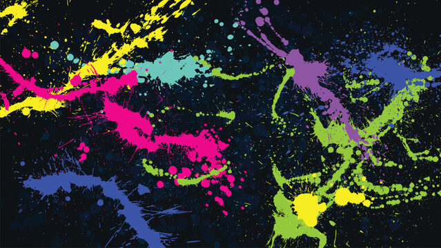 Fluorescent colors splattered haphazardly across the dark background.
