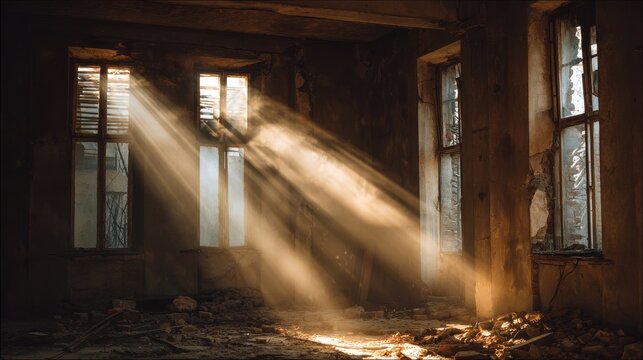 Sunbeams pierce decaying building interior with dust motes dance in golden light.