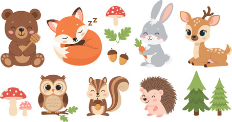 Fototapeta premium Cute Woodland Animals Vector Character Set for Nursery Decoration, Baby Shower, Kids Design, and Forest Theme Graphic Illustration Projects