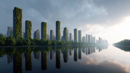 Fototapeta premium Serene Urban Reflections of Modern Architecture Surrounded by Greenery and Water at Dawn, Showcasing Eco-Friendly Living in a Metropolis
