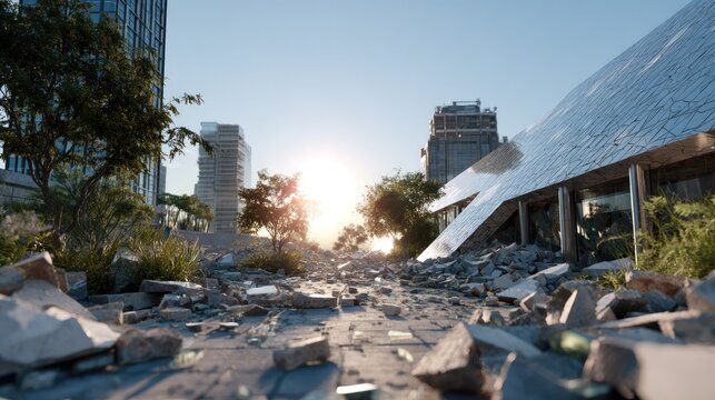 Apocalyptic Cityscape: A stark, desolate urban landscape littered with debris and destruction under a bright, unblinking sun.
