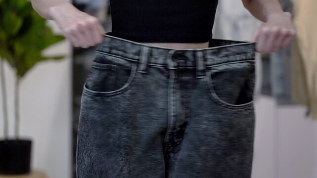 Young slim woman stretches old loose jeans side to side at waist in home interior, showing figure change after weight loss. Concept of slimming success, body transformation and wellness progress