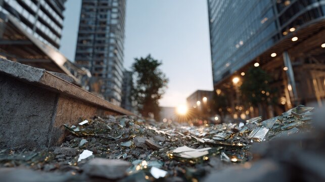 Rubble in the City: A desolate urban landscape, littered with debris and shattered remnants, depicts the aftermath of destruction amidst towering city buildings and a somber sky.