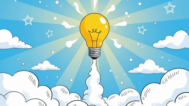 Cartoon idea concept bright lightbulb rocket soaring through sky