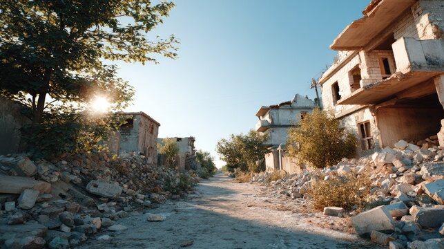 Ruins of War: An eerie, sun-drenched street lined with the skeletal remains of buildings, scarred by conflict and time, evokes a sense of loss and desolation.