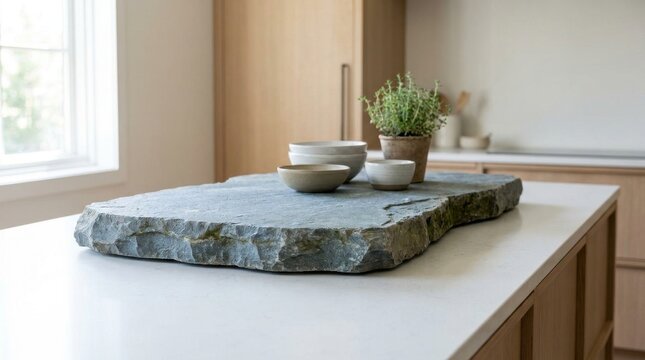 Rough cut bluestone slab used as a decorative centerpiece on a modern kitchen island with ceramic bowls and potted herb