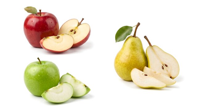 Professional slice and whole fresh fruits including red apple, green apple, and yellow pear isolated on white background