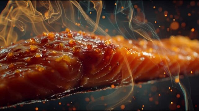 Succulent, flame-grilled salmon fillet, perfectly glazed and smoking, capturing the essence of gourmet cooking with rich textures and appetizing colors