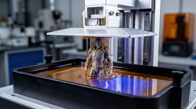 Intricate Miniature Figurine Emerging from Resin Printer Build Plate - Precision Manufacturing
