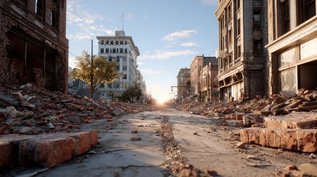 Post-Apocalyptic Cityscape: A desolate street lined with damaged buildings under a bright, clear sky, hinting at a world reshaped by a past catastrophe.