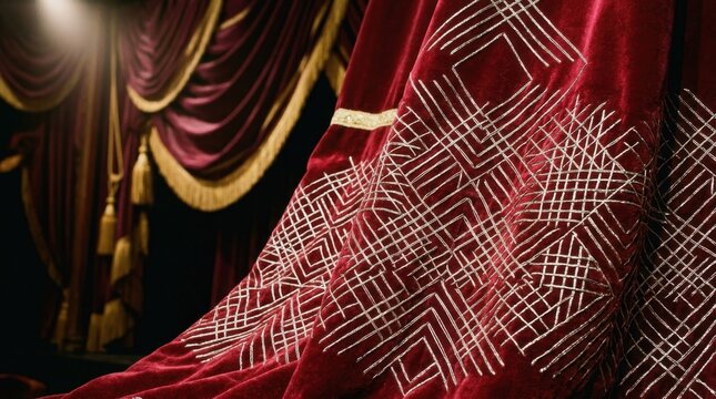 Rich red velvet drapery with intricate silver geometric crosshatching patterns and opulent gold fringe details