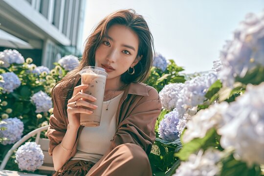 Young Korean woman holding an iced coffee cup in a blooming hydrangea garden.
