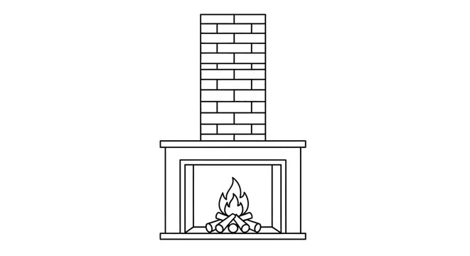 Line art illustration of a cozy fireplace with burning logs and brick chimney.