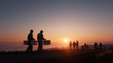 Fototapeta premium Sunrise Harvest: Silhouettes of individuals carrying baskets walk towards a vibrant sunrise, symbolizing a new beginning and a bountiful harvest, bathed in the soft, ethereal light of dawn.