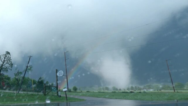 A white tornado and partial rainbow occur in this storm chaser dashcam footage. 